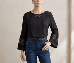 Messini Long Bell Sleeve Blouse Top Round Neck Pin-Striped Black Size Small